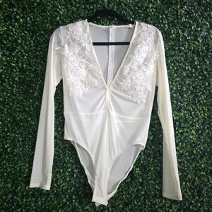 Luxxel Women's Elegant Cream Lace Bodysuit Size L